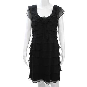 Tahari Levine Womens Silk Shift Dress Black Short Sleeve Tie Waist Size 8
